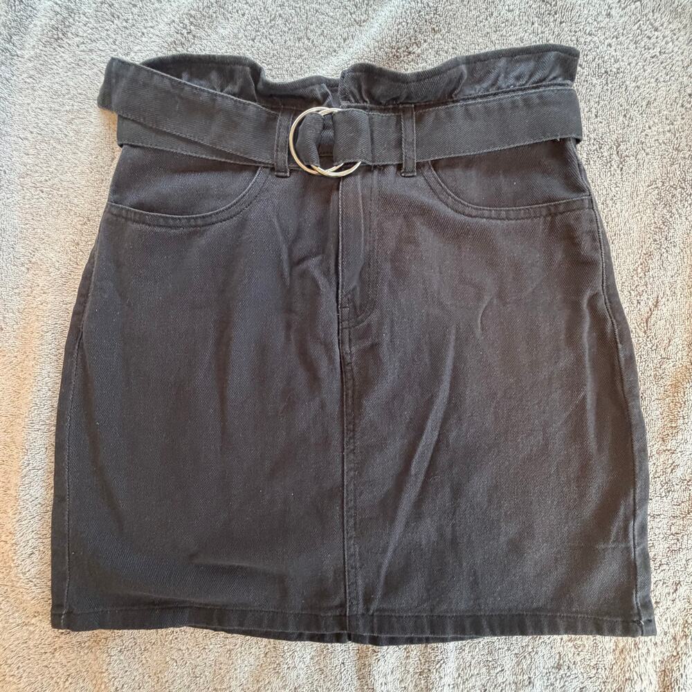 H&M Divided Black Mini Denim Skirt W/ Belt NWT Size 4 Paperbag Waist